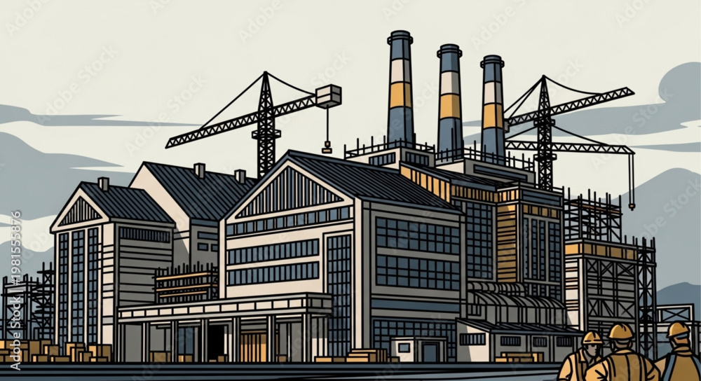 Fototapeta premium Industrial Complex Under Construction with Cranes and Chimneys Illustration.