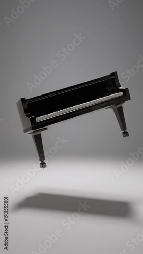 A black grand piano floating in mid-air with its shadow on the floor indoors