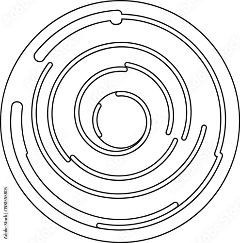 A black line drawing of a circular maze with multiple concentric paths and dead ends