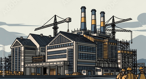 Industrial Complex Under Construction with Cranes and Chimneys Illustration.