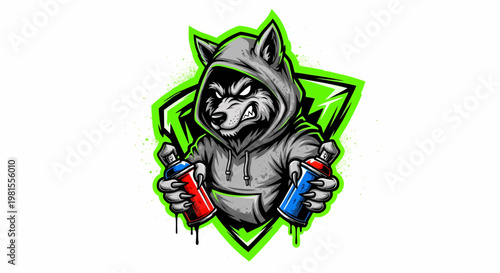 A wolf in a hoodie holding paint cans