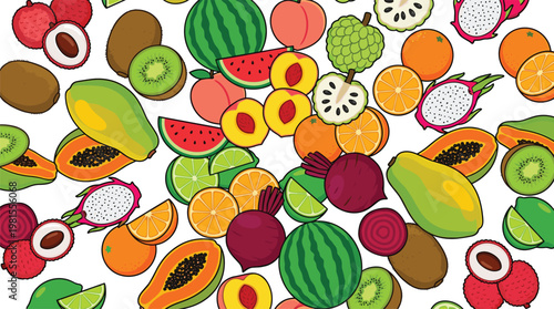 Seamless Tropical Fruit Pattern with Watermelon, Papaya, Kiwi, Citrus, Dragon Fruit, Peach, Beetroot, and Exotic Fruits in Colorful Flat Vector Style
