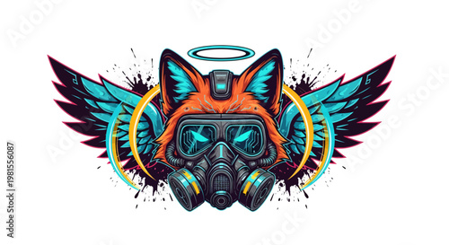 A colorful animal wearing a gas mask and a halo