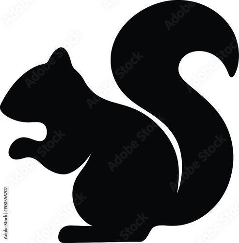 Black silhouette of a squirrel with a bushy tail standing in profile isolated on a plain white background for design