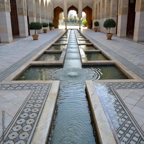 A symmetrical open space with shallow channels of running water