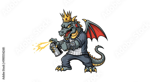 A cartoon dragon wearing a crown and spraying paint