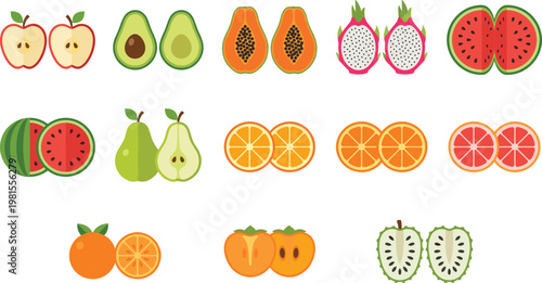 Flat Fruit Pair Icon Set with Apple, Avocado, Papaya, Dragon Fruit, Watermelon, Citrus, Pear, Persimmon, and Exotic Fruits in Vector Style