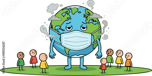sick earth wearing mask surrounded by people environmental pollution concept