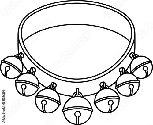 A drawing of a tambourine with several small bells around its edge