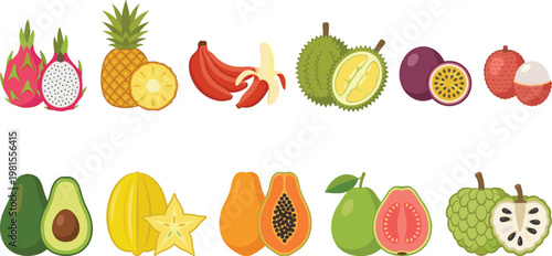 Tropical Fruit Icon Set with Dragon Fruit, Pineapple, Banana, Durian, Passion Fruit, Lychee, Avocado, Starfruit, Papaya, Guava, and Custard Apple in Flat Style