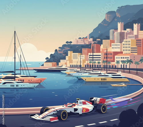 Monaco Grand Prix race car speeding along the scenic waterfront circuit past yachts and cityscape