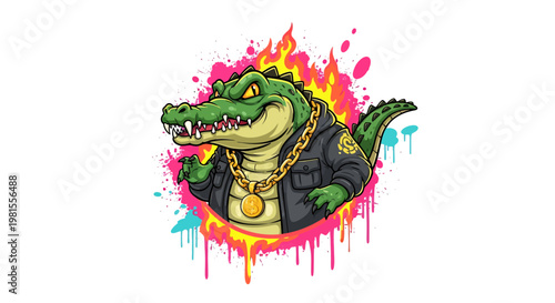 A green cartoon crocodile wearing a black jacket and gold chains