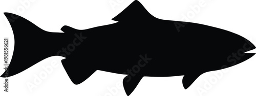 Black vector silhouette of a trout fish isolated on a white background for fishing and outdoor sports branding