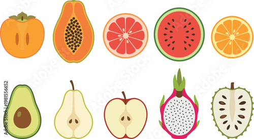 Colorful Fruit Icon Set with Papaya, Citrus Slices, Watermelon, Avocado, Pear, Apple, Dragon Fruit, and Exotic Fruits in Flat Vector Style
