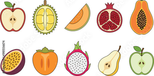 Flat Fruit Icon Collection with Apple, Durian, Melon, Pomegranate, Papaya, Passion Fruit, Persimmon, Dragon Fruit, and Pear for Healthy Food Design
