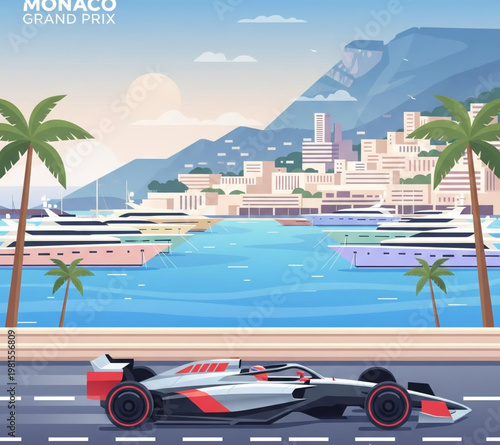 Dynamic illustration capturing a powerful race car speeding along a coastal track, set against a picturesque cityscape, tranquil harbor, and majestic mountains under a beautiful sky