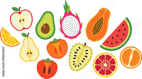 Tropical and Fresh Fruit Icon Set Featuring Apple, Avocado, Dragon Fruit, Papaya, Watermelon, Citrus Slices, and Exotic Fruits in Flat Vector Style