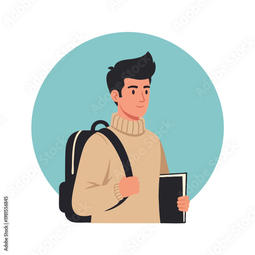 Young Male Student with Backpack Holding Notebook and Tablet in a Modern Educational Setting