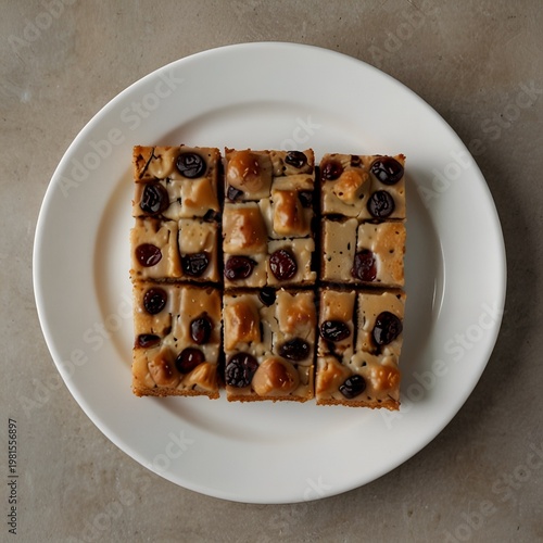 Overhead shot of neatly sliced raisin bars arranged on a plate