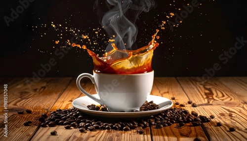 Hot beverage splashing from a white cup with coffee beans