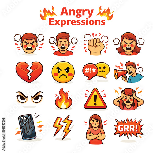 Angry Expressions Illustration, Mad and Furious Facial Emotions Vector Set
