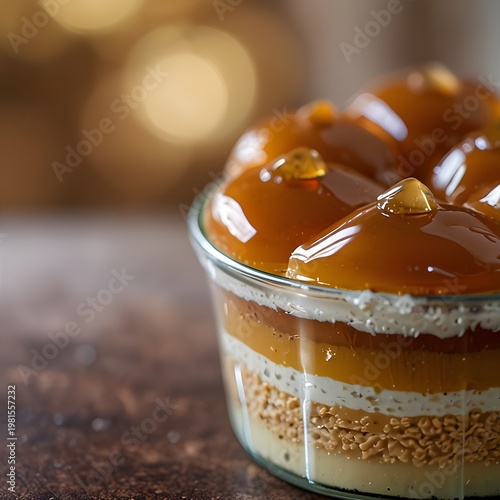 Close-up of caramel dessert with soft bokeh background