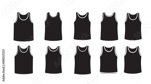 Collection of black tank tops with white trim in a clean graphic presentation