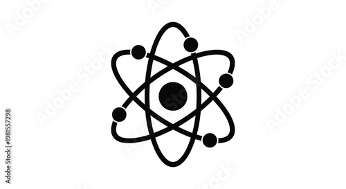 A stark black atomic model illustration with orbiting electrons a bold silhouette