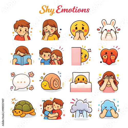 Shy Emotions Illustration, Cute and Timid Facial Expressions Vector Set