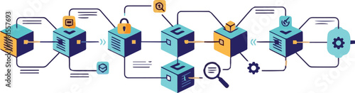 A detailed illustration of a complex system with interconnected cubes and mechanisms