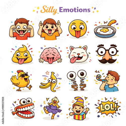 Silly Emotions Illustration, Funny and Playful Facial Expressions Vector Set