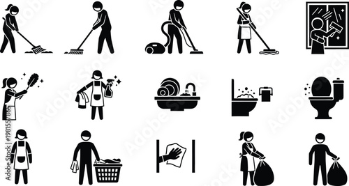 Collection of iconographic representations of household cleaning activities with domestic work washing dishes toilet cleani
