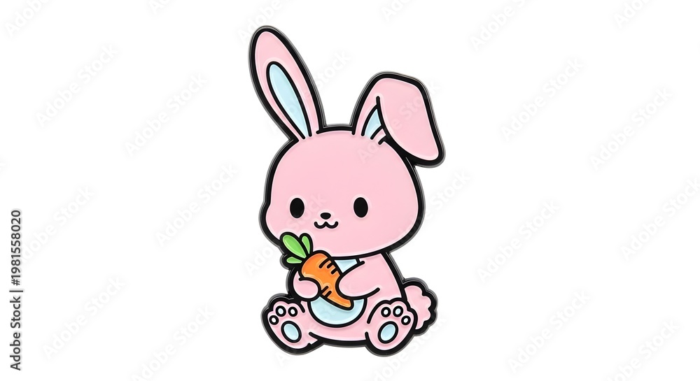 Obraz premium Cute Cartoon Bunny with Pink Fur Holding a Fresh Carrot in a Minimalist Illustration for Childrens Content and Spring Theme Design