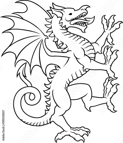 A stylised heraldry coat of arms crest style Welsh dragon standing on hind legs