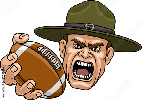 An angry drill instructor or sergeant bootcamp army soldier cartoon character holding American Football ball sports team mascot illustration.