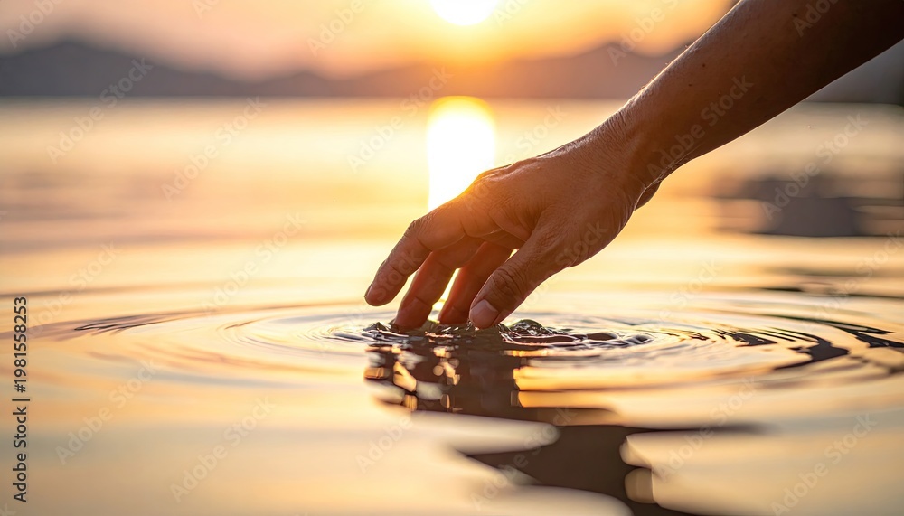 Naklejka premium Hand gently touches calm water, creating ripples during golden hour sunset