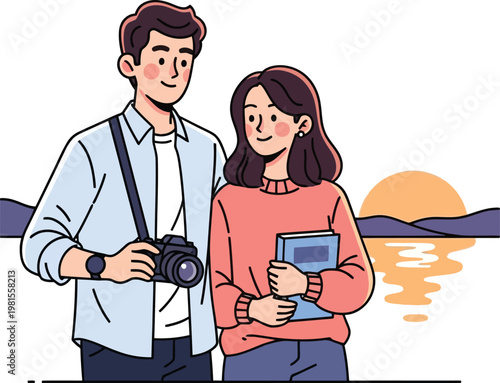 Young couple traveling, enjoying a scenic sunset by the water. Romantic travel illustration, perfect for vacation brochures and holiday promotions.