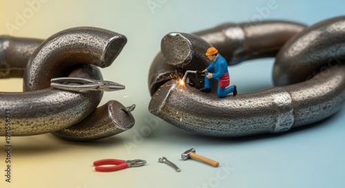 Miniature professional repairs broken chain connection, representing resilience, recovery, restoring operations, solving failures, and rebuilding disrupted workflows in business systems