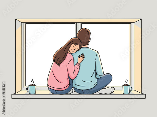 Cozy couple embracing on a windowsill, romantic moment, young man and woman enjoying coffee together, warm relationship vector illustration