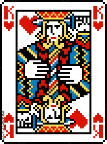 A pixel art playing cards deck design, king of hearts. An original design, each card 55 squares wide by 74 tall. Left Handed 4 corner version