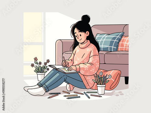 Cozy woman coloring at home, a relaxing creative hobby illustration. Young female artist enjoying art therapy, a mindful leisure activity vector.