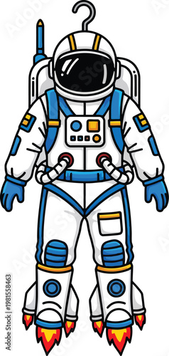 Cartoon astronaut suit vector illustration, space exploration uniform with jet boots, cosmic adventure graphic asset, futuristic apparel design