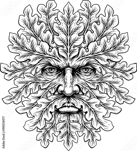 Green Man foliate face ancient symbol of nature and rebirth in vintage woodcut illustration style. A human face made of leaves, plants and foliage.