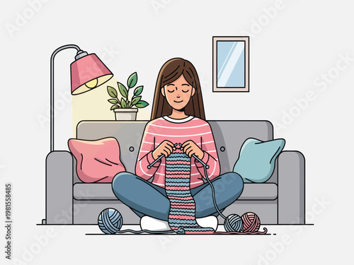 Cozy knitting hobby, young woman enjoying creative craft, handmade textile art, relaxing home activity vector illustration