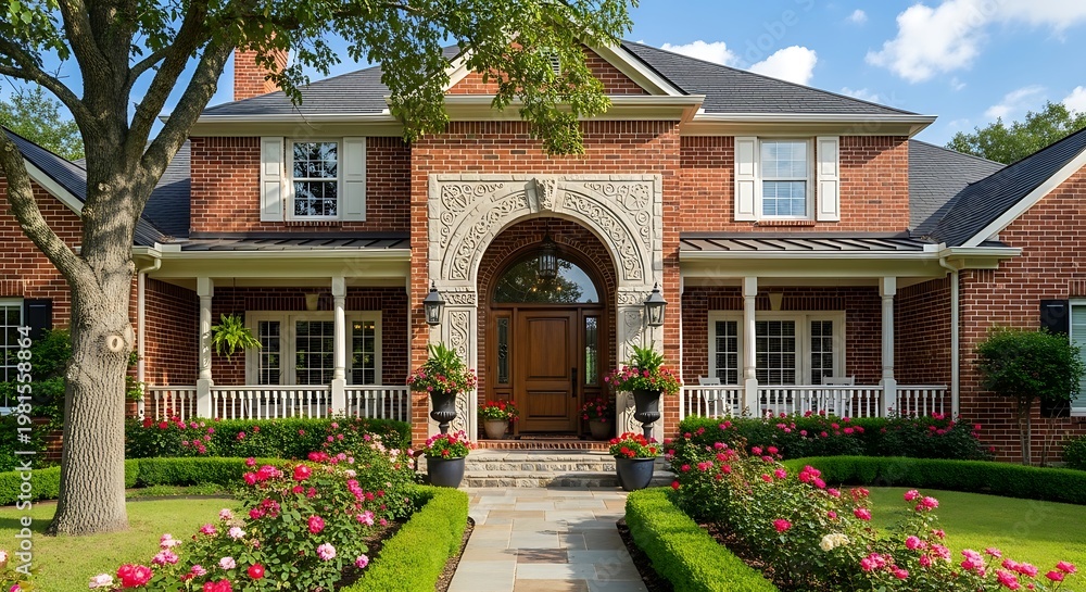 Fototapeta premium A stately brick house with manicured landscaping, a grand entryway, and a lush garden