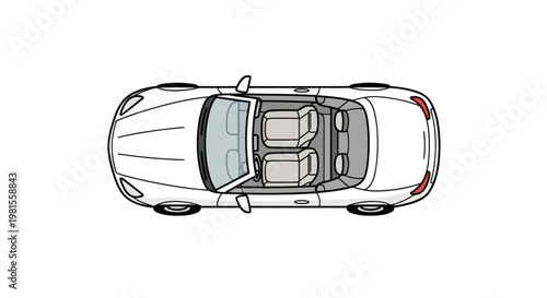Top view of a white convertible sports car, isolated on white background, vector illustration.
