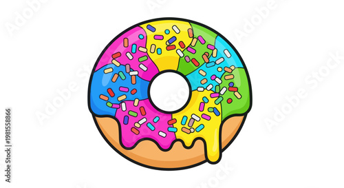 Colorful Donut with Sprinkles Isolated on White Background, Kawaii Style