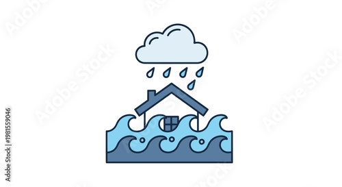 House flooded by heavy rain and storm waves, natural disaster icon