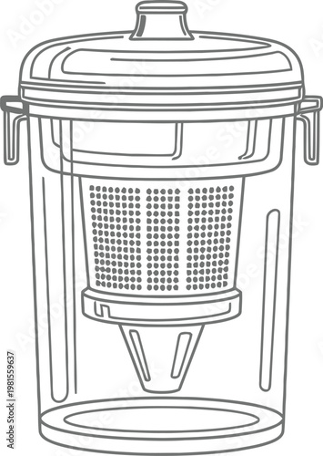 A detailed line drawing of a coffee French press with a cylindrical glass body