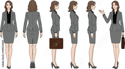 Anime style business woman character sheet featuring front back and side profile views in gray office suit with briefcase for corporate training and professional career presentation designs